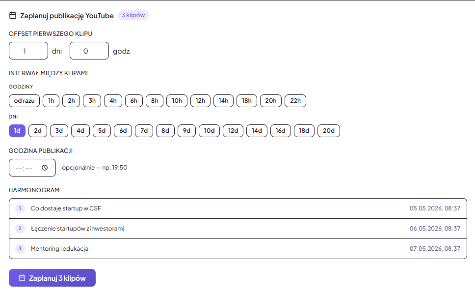FastClip — planowanie publikacji YouTube