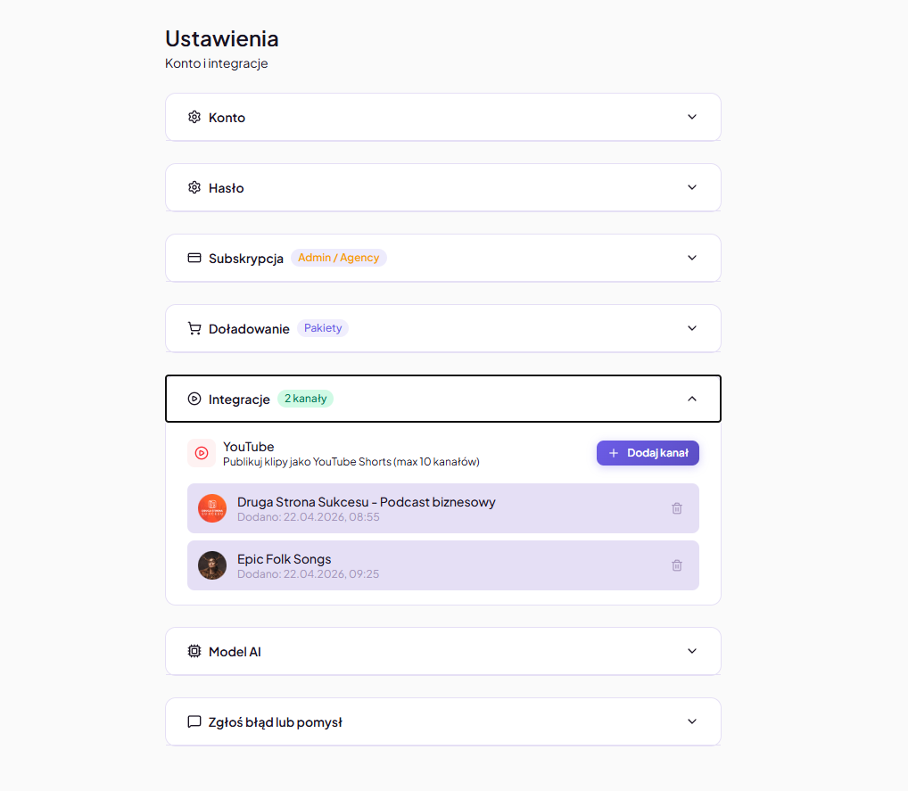 FastClip — integracja z kanałami YouTube