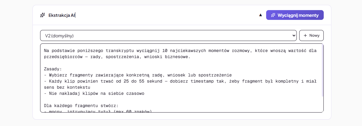 FastClip — konfiguracja promptu przed analizą AI